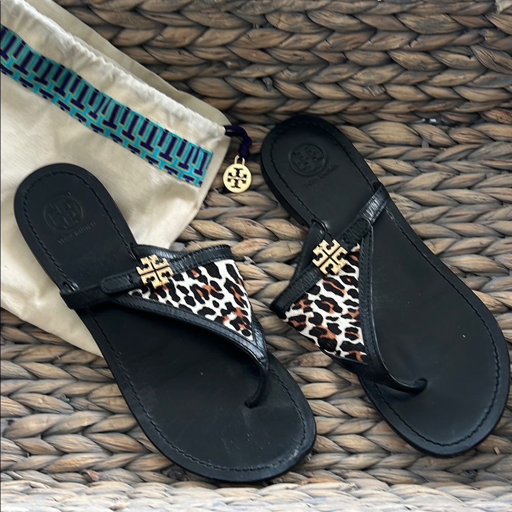 Used Tory Burch Black and Leopard Women's Sandals Size 8.5!